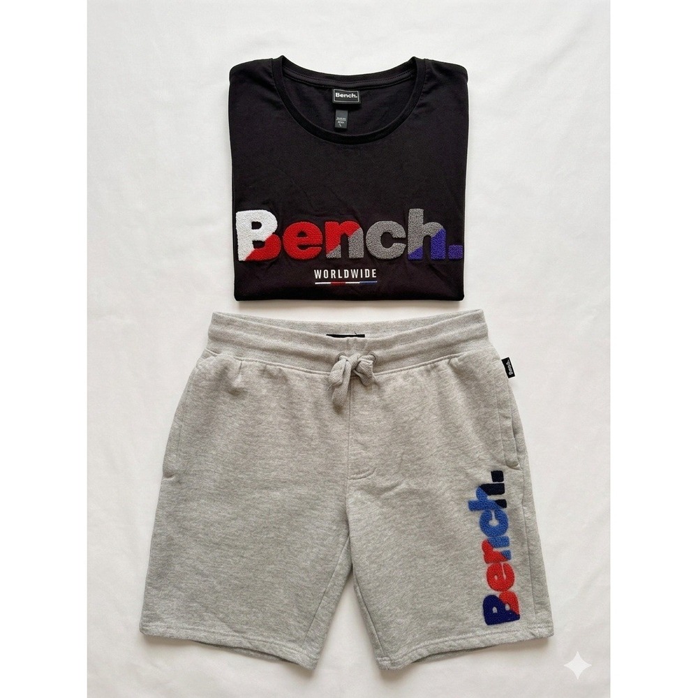 Bench Men's Size Large Shorts & T-shirt Set Terry Logo Gray Shorts Black T-Shirt